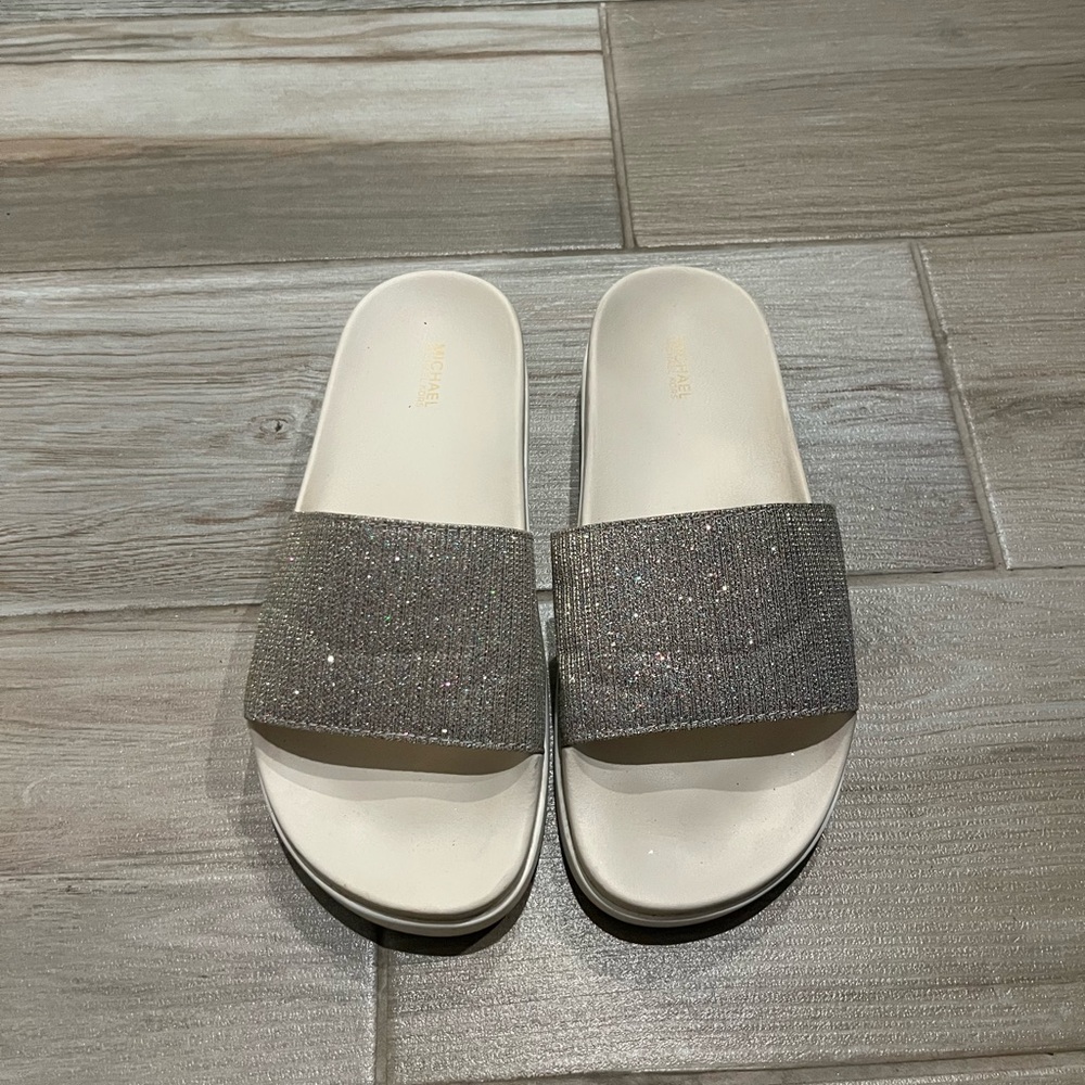 Michael Kors - Women's Sparkle Slide Sandals — White with Glitter Strap